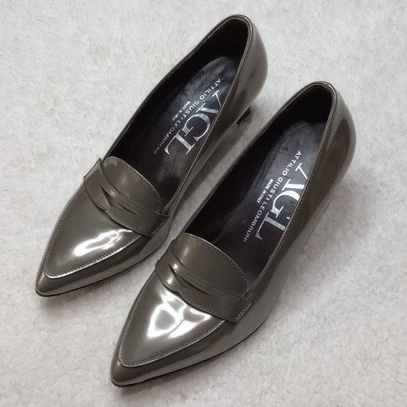 AGL Grey Patent Pointed Toe Penny Loafer Pump Wetty Pebble Heels SZ 37.5 - Picture 2 of 8
